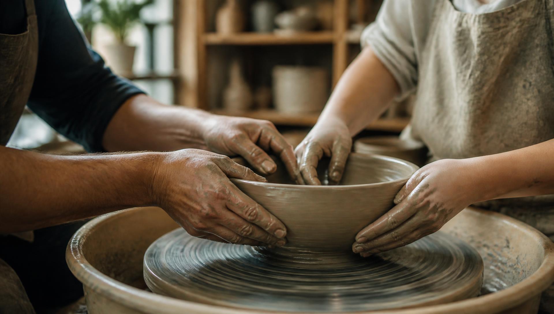 Pottery workshop with hands shaping clay