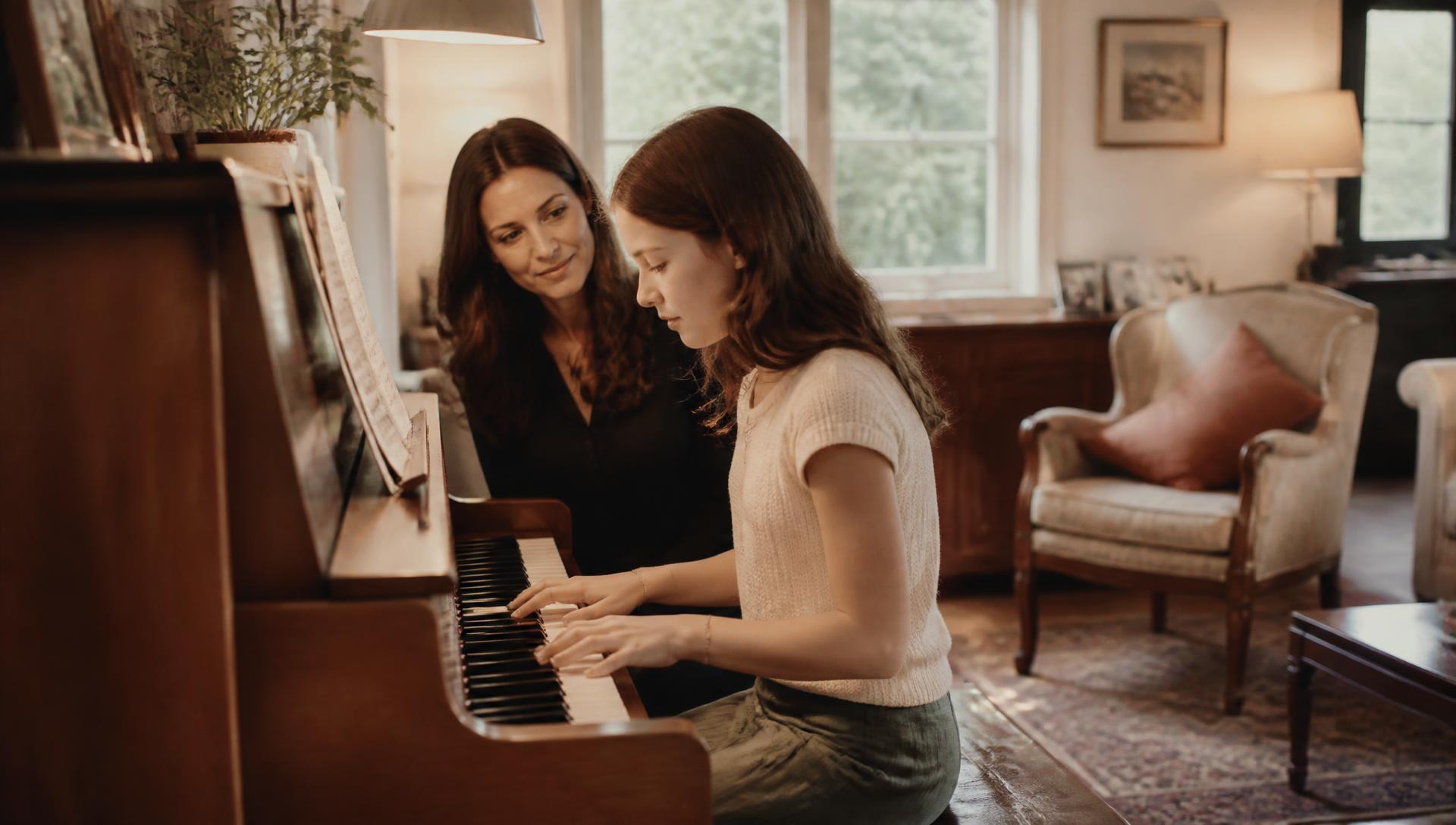 Piano lesson in a cosy living room