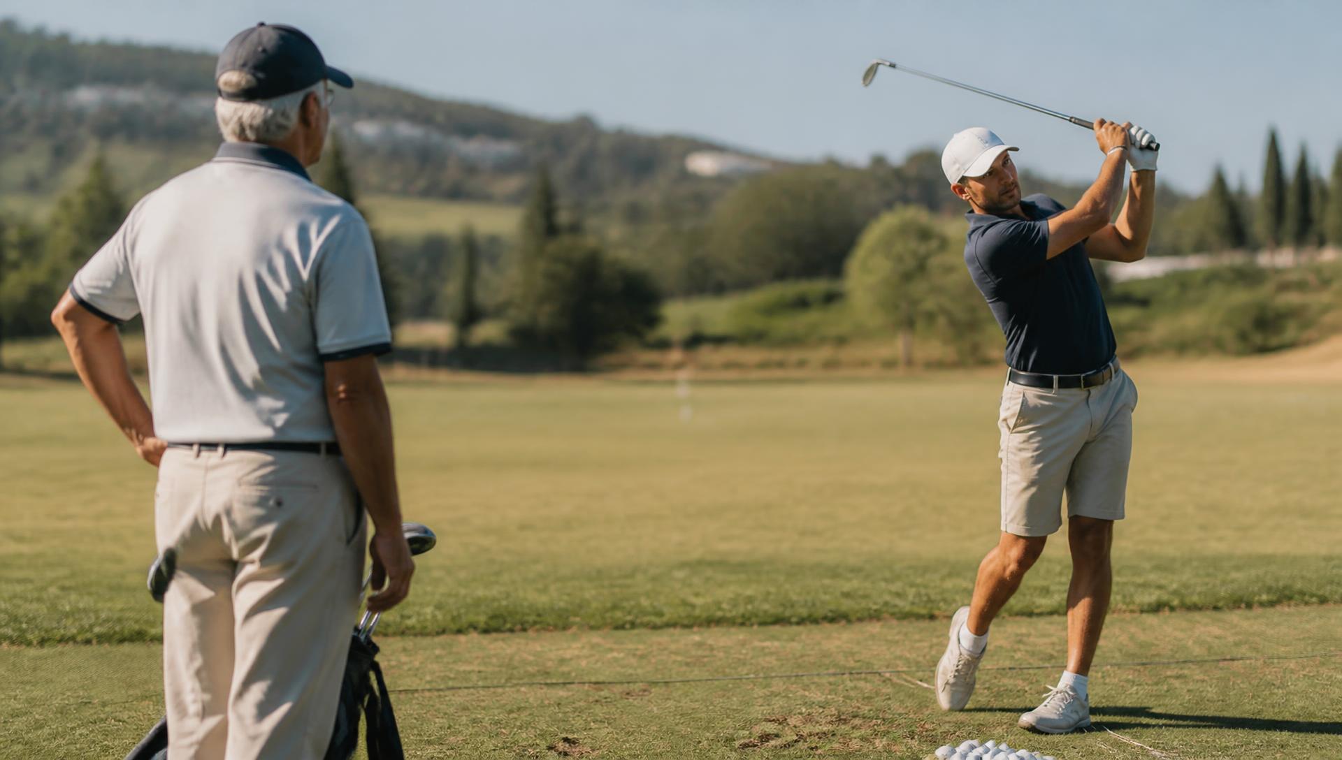 Golf lesson on a sunny driving range